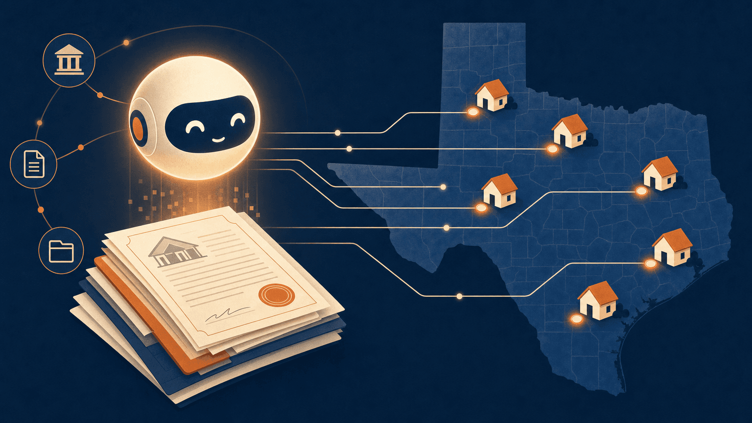 An AI agent scanning estate documents linked to homes across a map of Texas.